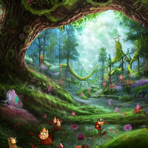 Prompt: A Giant magical fantasy forest, wallpaper, digital art, ultra detailed, disney,