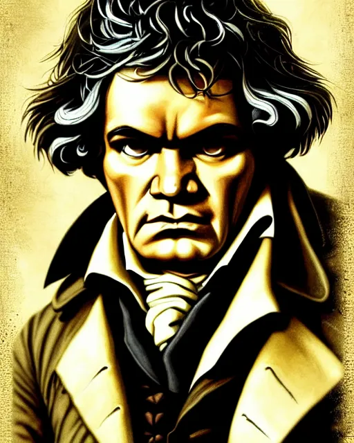 Prompt: beethoven, character portrait, portrait, close up, concept art, intricate details, highly detailed, sci - fi poster, cyberpunk art, in the style of looney tunes