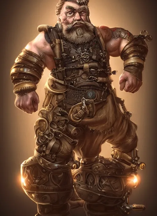 Image similar to steampunk dwarf donald trump is a muscular bodybuilder, au naturel, hyper detailed, digital art, trending in artstation, cinematic lighting, studio quality, smooth render, unreal engine 5 rendered, octane rendered, art style by klimt and nixeu and ian sprigger and wlop and krenz cushart.