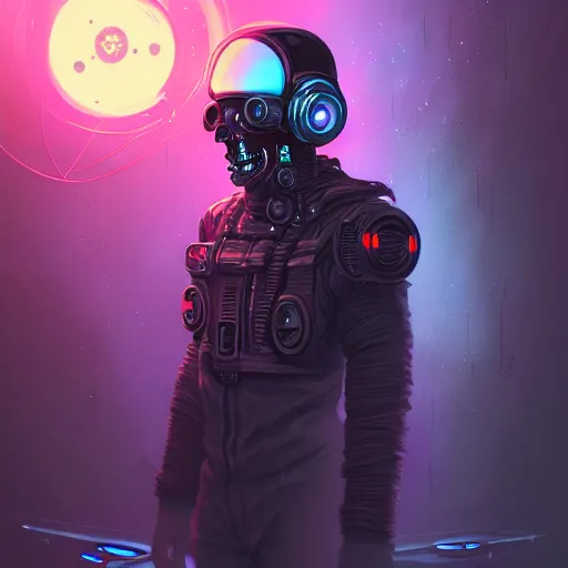 Prompt: A cyberpunk space pirate warping time and space, wearing menacing skull space helmet, trading illegal goods, protomolecule, magic mushrooms, psilocybin, LSD, skull full face helmet, space helmet, futuristic, blade runner, detailed, intricate, elegant, highly detailed, digital painting, artstation, concept art, smooth, sharp focus, akira style illustration, art by Krenz Cushart and Artem Demura and Alphonse Mucha