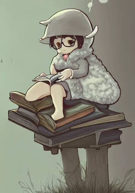 Image similar to beautiful little boy wearing sheep suit reading a book while sitting on chair, gray, blue, green and brown pallet color. made in abyss art style, inspired in kris from deltarrune, cute detailed artwork, anatomically correct, soft details, ilya kuvshinov, reflection, perfect composition, mobile wallpaper, low lighting, illumination