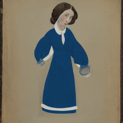 Image similar to young brunette woman with hooknose wearing blue circle and white dress