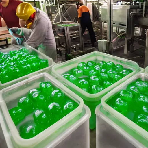 Prompt: gelatinous cubes being processed into magic items with the juice made from their bodies, d & d, assembly line industrial photo