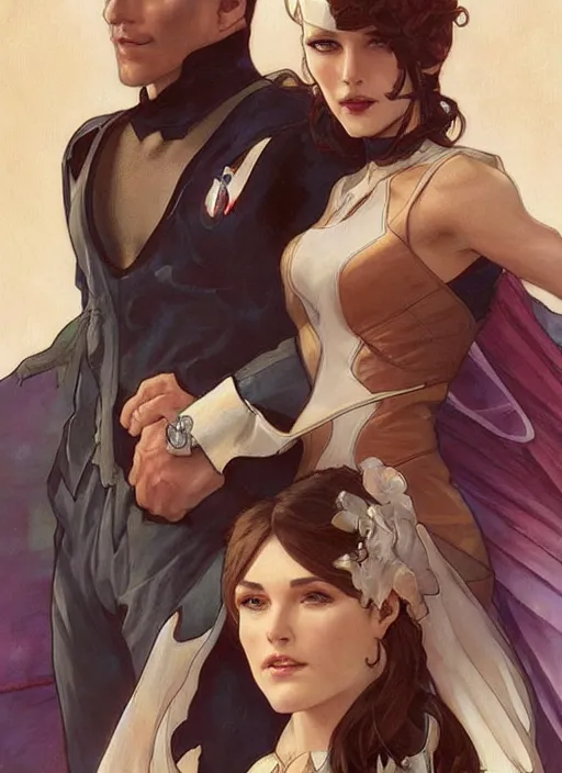 Image similar to a couple, a handsome man and a beautiful woman. they are dressed as superheroes. clean elegant painting, beautiful detailed face. by artgerm and greg rutkowski and alphonse mucha