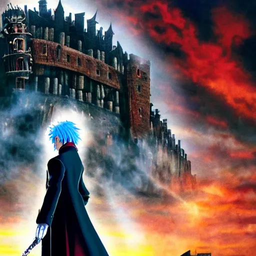 Image similar to a shot of dante from devil may cry in howl's moving castle movie, movie shot, anime, hightly detailed, rescalated 4 k, detailed