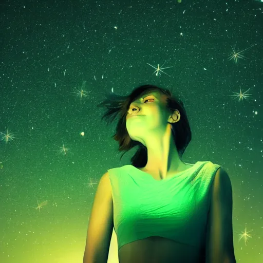 Image similar to Woman with stars for her eyes stars on glowing green background of the night sky