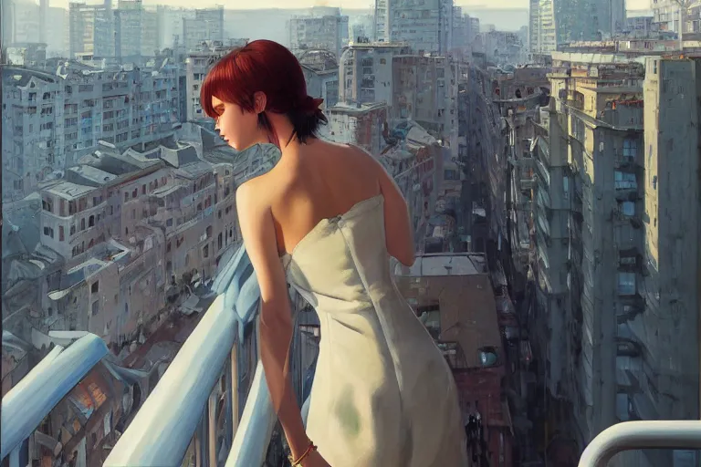 Image similar to A ultradetailed beautiful portrait panting of a stylish woman standing on a balcony overlooking the city, Oil painting, by Ilya Kuvshinov, Greg Rutkowski and Makoto Shinkai