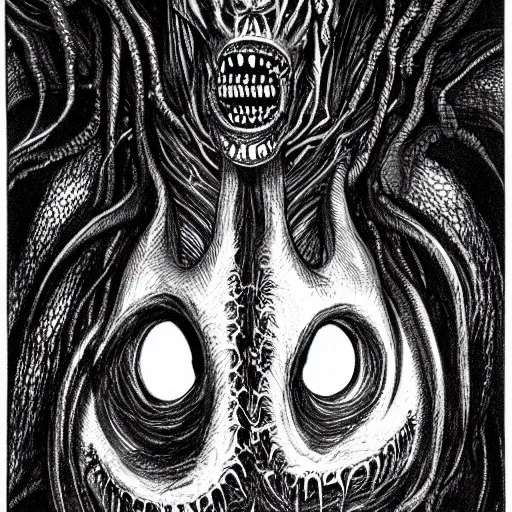 Prompt: void nightmare creature with many teeth many eyes long black body with many tentacles lashing out to grab victims, dark background, harsh lighting, scary, h. r. giger