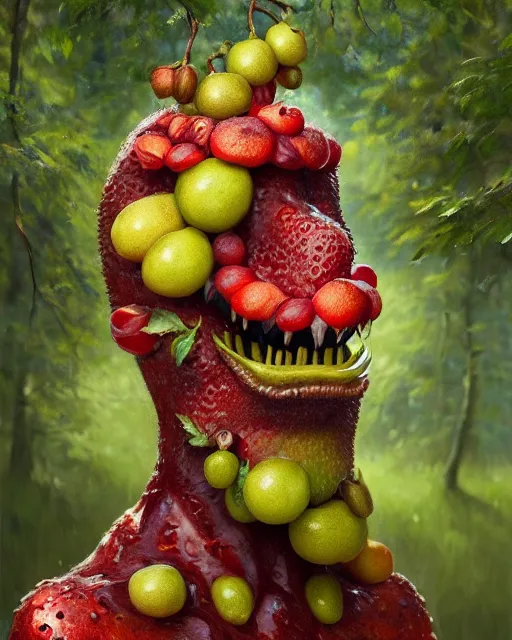 Image similar to portrait of a fruit figurine monster made of different fruit, standing in a forest, staring eyes, open mouth, trees in the background, sunlight, oil painting, highly detailed, dramatic lighting, hyperrealistic, 8 k, smooth, intricate, artstation, cgsociety, by artgerm, by wlop