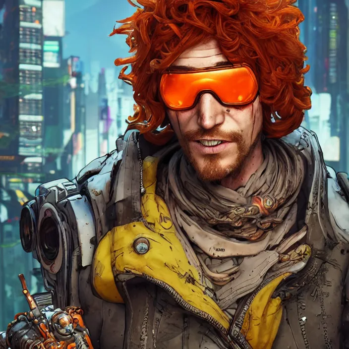 Image similar to cyberpunk portrait of curly orange hair man from borderlands 3, au naturel, hyper detailed, digital art, trending in artstation, cinematic lighting, studio quality, smooth render, unreal engine 5 rendered, octane rendered, art style by klimt and nixeu and ian sprigger and wlop and krenz cushart.