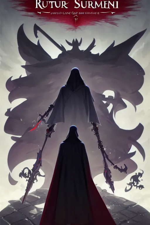 Image similar to video game cover, small grim reaper dressed with a cape surrounded by demons, mid view, design on a white background, by studio muti, greg rutkowski makoto shinkai takashi takeuchi studio ghibli