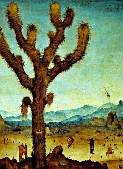 Image similar to Barren Desert by Hieronymus Bosch, Joshua trees, surreal oil painting, highly detailed, dream like, masterpiece