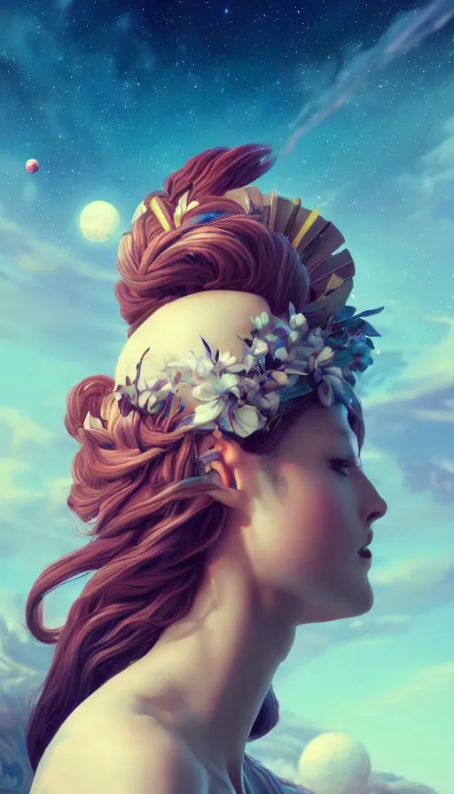 Image similar to a beautiful goddesses, profile, planets, sky, dream, highly detailed, digital painting, refreshing, trending on artstation, octane render, hyper realistic, illustration by james jean