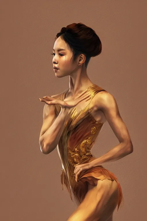 Image similar to stunningly beautiful, filipina prima ballerina in ruins, symmetrical face, golden hour, smooth, focus, highly detailed, hyper realistic, dramatic lighting, elegant, intricate, concept art, art by wlop, mars ravelo, greg rutowski, artstation