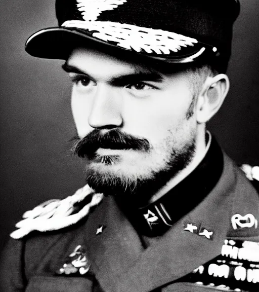 Prompt: Grainy black and white photo of PewDiePie as a WW2 general
