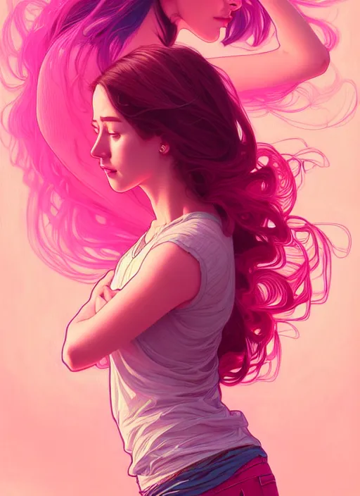 Prompt: handsome young women with shoulder length pink hair, half body shot, path traced, highly detailed, high quality, digital painting, alena aenami, lilia alvarado, shinji aramaki, karol bak, alphonse mucha, tom bagshaw