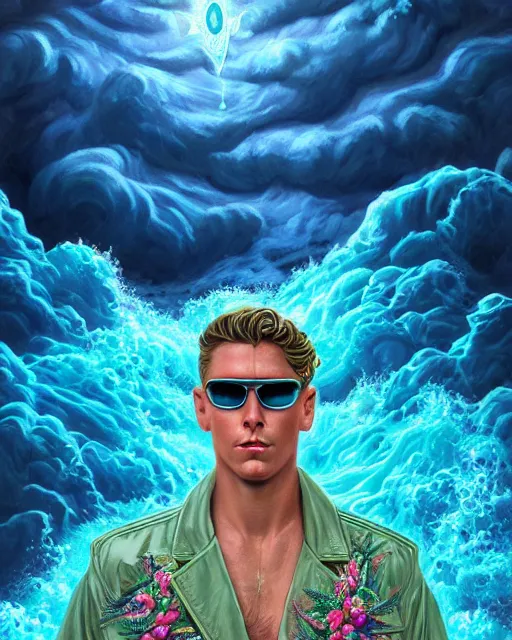 Prompt: ! dream synthwave outrun art - deco poseidon wearing sunglasses and a laurel wreath | highly detailed | very intricate | symmetrical | cinematic lighting | award - winning | closeup portrait | 8 0 s nostalgia | stormy ocean in the background | painted by donato giancola and mandy jurgens and charlie bowater | featured on artstation