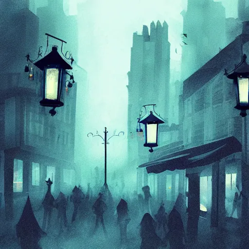 Prompt: fantastic dark vampire city, lights in the dark, lanterns, cityscape, fog, people in the streets, sharp roofs, smoke, by greg rutkovski