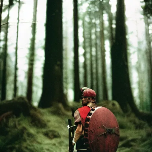 Image similar to close up kodak portra 4 0 0 photograph of a roman legimeer after the battle standing in dark forest, moody lighting, telephoto, 9 0 s vibe, blurry background, vaporwave colors, faded