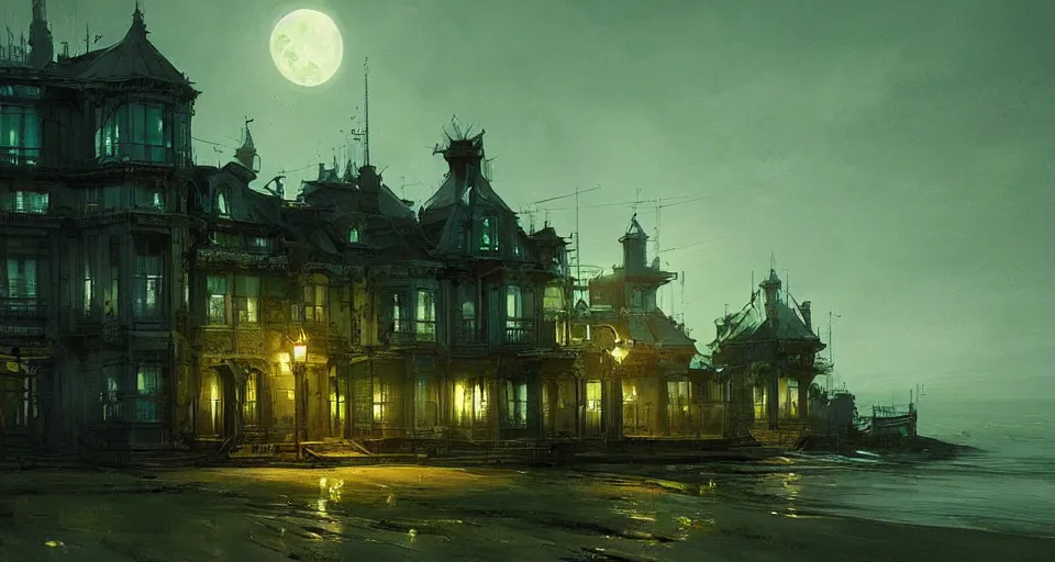 Prompt: seaside victorian building, green, cool color palette, night, dark, moon in the sky, concept art by Cédric Peyravernay