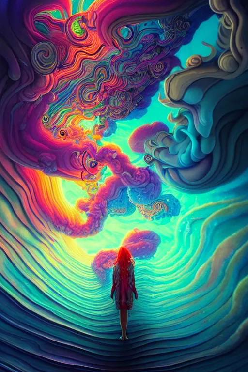 Image similar to colorful liquid smoke and clouds opening portal to another dimension, dmt, psilocybin, lsd, face, detailed, intricate, elegant, highly detailed, digital painting, artstation, concept art, smooth, sharp focus, illustration, art by hana yata, and artem demura and beeple, octane render, unreal engine, 8 k