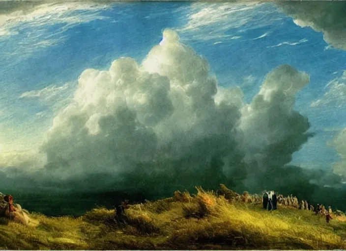 Prompt: Watching the clouds together, epic clouds, billowy landscape, glorious sunlight, caspar david friedrich