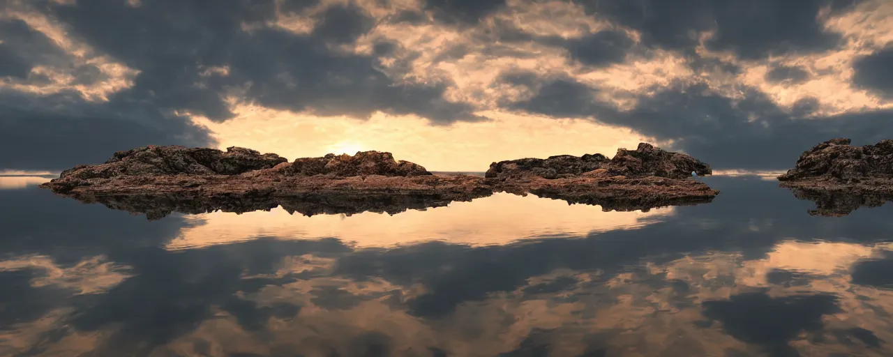 Prompt: a beautiful photograph of a landscape, an island in a still sea at sunset, reflections, amazing colours in the sky by anseladams, dramatic composition, epic lighting, trending on artstation, octane render,