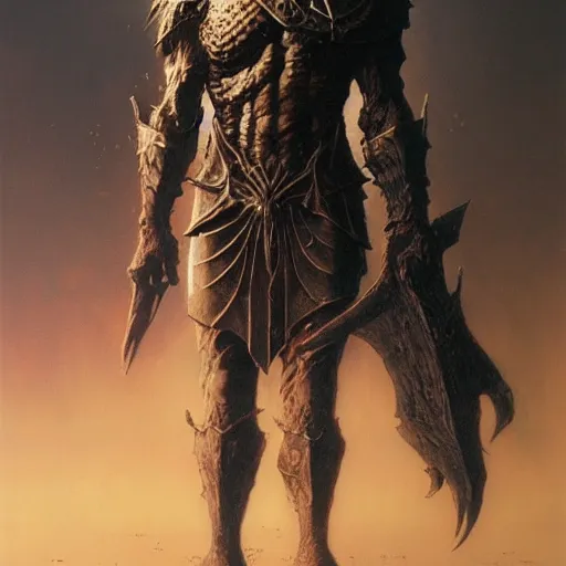 Image similar to warrior concept, beksinski, age of sigma art, ruan jia, dark soul armor concept, trending on artstation, wayne barlowe, adrian smith fantasy art, elden ring art, the hobbit art, lord of the ring art, infinity blade armor