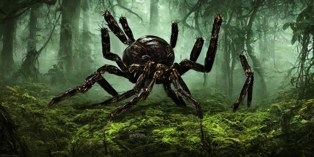 Prompt: huge spider monster in a dense forest, creeping from behind, dark fantasy, 4k, highly detailed, wallpaper, trending on ArtStation, prints available