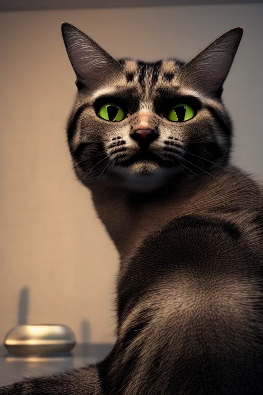 Image similar to a cat mixed with a bodybuilder, very detailed, ultrarealistic, dramatic lighting, electrical details, high details, 4k, 8k, best, accurate, trending on artstation, fur, groom, k9, photorealism, ultrarealistic, octain render, ray tracing, mental ray, catdog, unreal engine 5