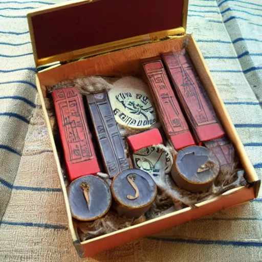 Image similar to vintage gift box for men, stamped with sealing wax, old school, wes anderson style