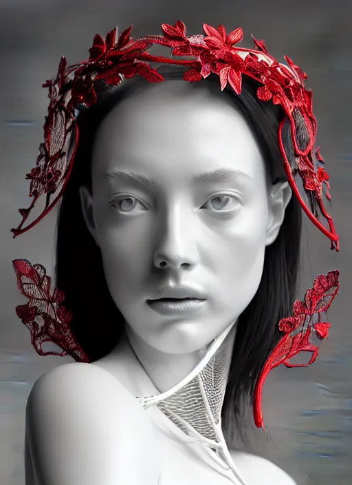 Image similar to complex 3d render ultra detailed of a beautiful porcelain profile young woman face, biomechanical cyborg, 150 mm lens, beautiful studio soft light, rim light, silver white gold red details, magnolia big monochromatic lemon leaves and stems, roots, fine foliage lace, mesh wire, Alexander Mcqueen high fashion haute couture, art nouveau fashion embroidered, intricate details, hyper realistic, ultra detailed, mandelbrot fractal, anatomical, facial muscles, cable wires, microchip, elegant, octane render, H.R. Giger style, black eyes, plump lips, volumetric lighting, 8k post-production, trending on Artstation