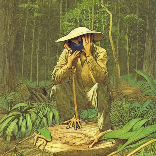 Image similar to frog with bucket hat squatting in the forest. plane in the sky far away. artwork by moebius, georges de la tour