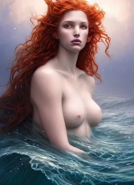 Image similar to goddess of the ocean!! portrait of a seductive redhead queen in underwater murky light, wind blown hair! fantasy esoteric, closeup, d & d, fantasy, intricate, elegant, highly detailed, digital painting, artstation, concept art, matte, sharp focus, illustration, art by artgerm and tom bagshaw and greg rutkowski and alphonse mucha