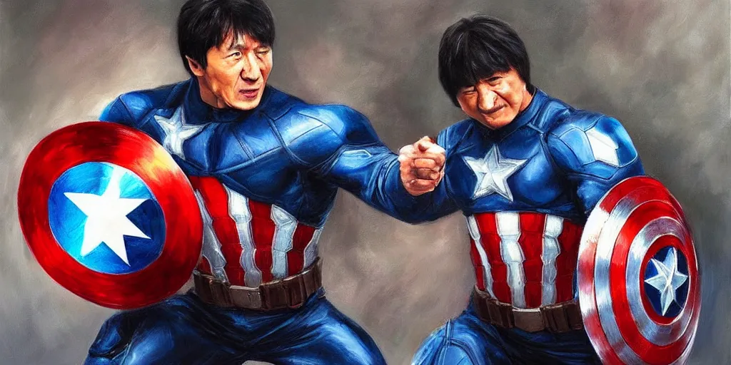 Image similar to jackie chan holds captain america's shield ， oil painting