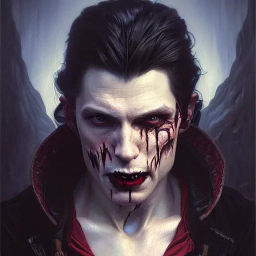 Image similar to portrait painting of joseph quinn eddie munson as a vampire, ultra realistic, concept art, intricate details, eerie, highly detailed, photorealistic, octane render, 8 k, unreal engine. art by artgerm and greg rutkowski and charlie bowater and magali villeneuve and alphonse mucha