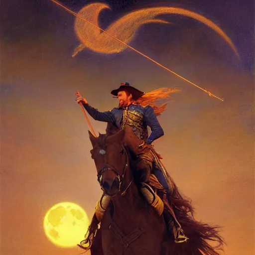 Prompt: attractive male witch magically flying with no horses, trough the night, fantasy, full moon in background. highly detailed painting by gaston bussiere, craig mullins, j. c. leyendecker, mid shot, 8 k