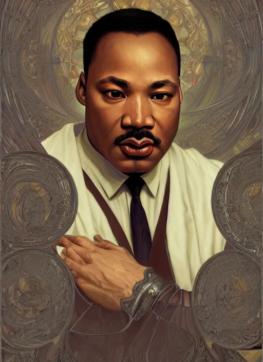 Image similar to Martin Luther King Jr handsome, intricate, elegant, highly detailed, centered, digital painting, artstation, concept art, smooth, sharp focus, illustration, art by artgerm and donato giancola and alphonse mucha