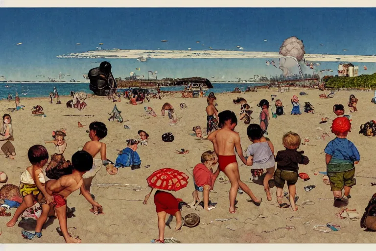 Image similar to kids playing at the beach, huge atomlc explosion in the background, wide angle shot, by norman rockwell, by mattias adolfsson,, oil on canvas by moebius and satoshi kon, hd, 4 k, high quality,