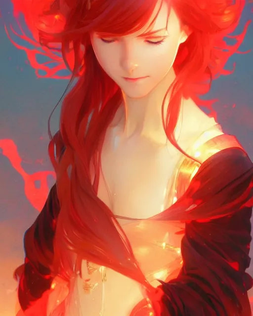 Prompt: beautiful anime girl, lake, red, flames everywhere, highly detailed, digital painting, artstation, concept art, smooth, sharp focus, illustration, art by artgerm and greg rutkowski and alphonse mucha