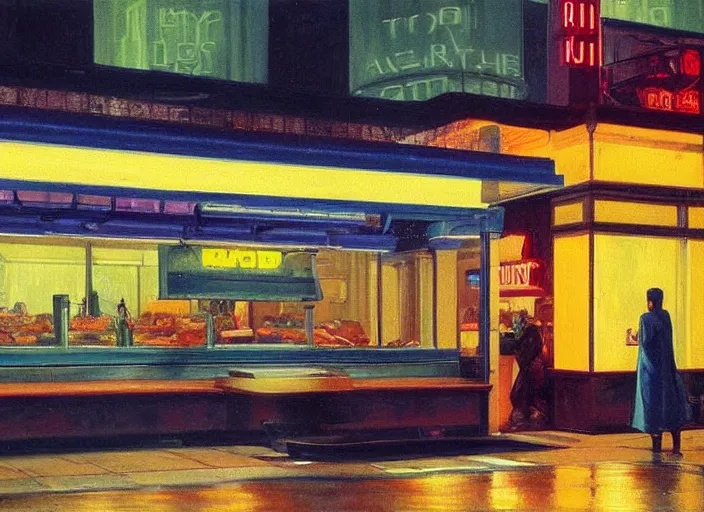 Image similar to the only open cyberpunk blade runner fast food stand in the cyberpunk city during a melancholy rainy night by edward hopper