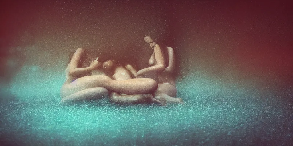 Image similar to a blurry closeup picture of gorgeous human bodies intertwined, female bodies, dripping wet, macro photography, long exposure photograph, surrealism, anamorphic bokeh, cozy, soft light, cyan and orange, caustic, atmospheric fog, octane render, cinematic