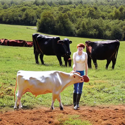 Image similar to christina hendricks milking cow in farm,