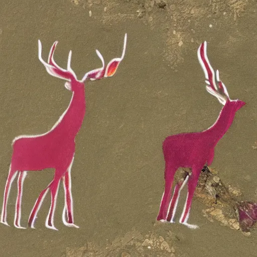 Image similar to Prehistoric cave paintings made of berry paint on ancient cave walls at sunrise depicting deer hunting with minimalist characters.