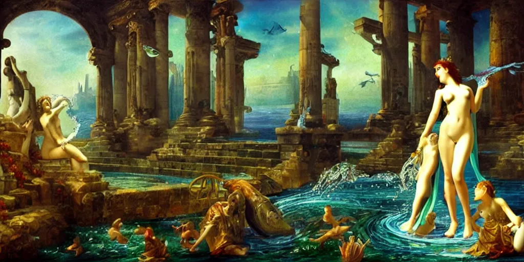 Prompt: terrible goddess of water, pity in her eyes, risque attire, atlantis ruins fantasy background, fishes swimming, large classical painting, oil on canvas