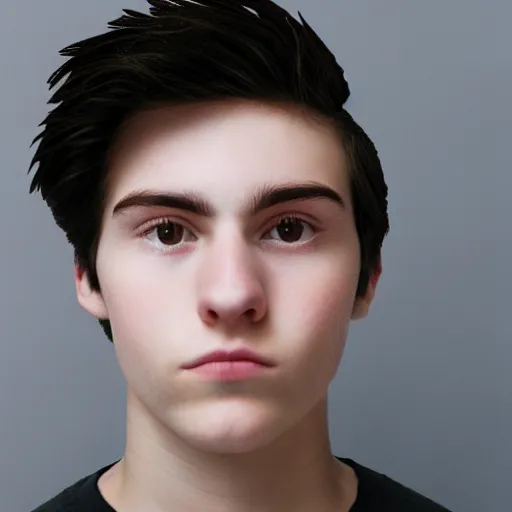 Prompt: The face of a white, black-haired teenager with a half beard on only one side of his face, looking at the camera, under white and yelllow balls, profile picture.