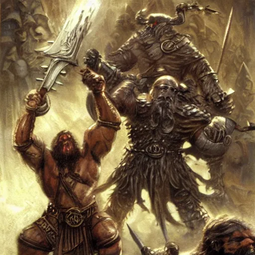 Prompt: Dwarven iron guard fighting a troll. lotr. Epic painting by james gurney.