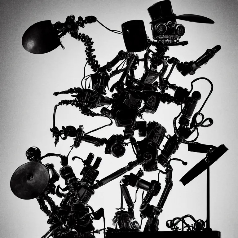 Image similar to a beautiful electronic concert photo shot of a couple of threea toys figurines by ashley wood, world war one robot octopus playing drums and fender telecaster guitar, black background, concert light, dark mood