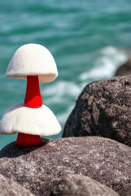 Image similar to fluffy anthropomorphic mushroom sitting on a rock in the ocean