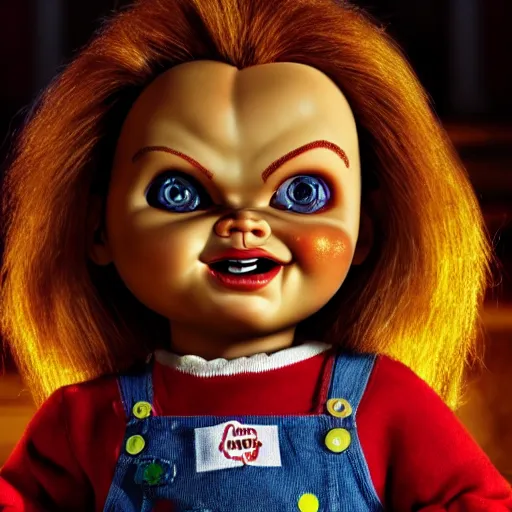 Image similar to stunning awe inspiring chucky the killer doll pixar movie, movie still 8 k hdr atmospheric lighting